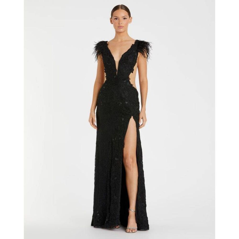 Mac Duggal  Feather Cap Sleeve Lace Gown Regular price$698